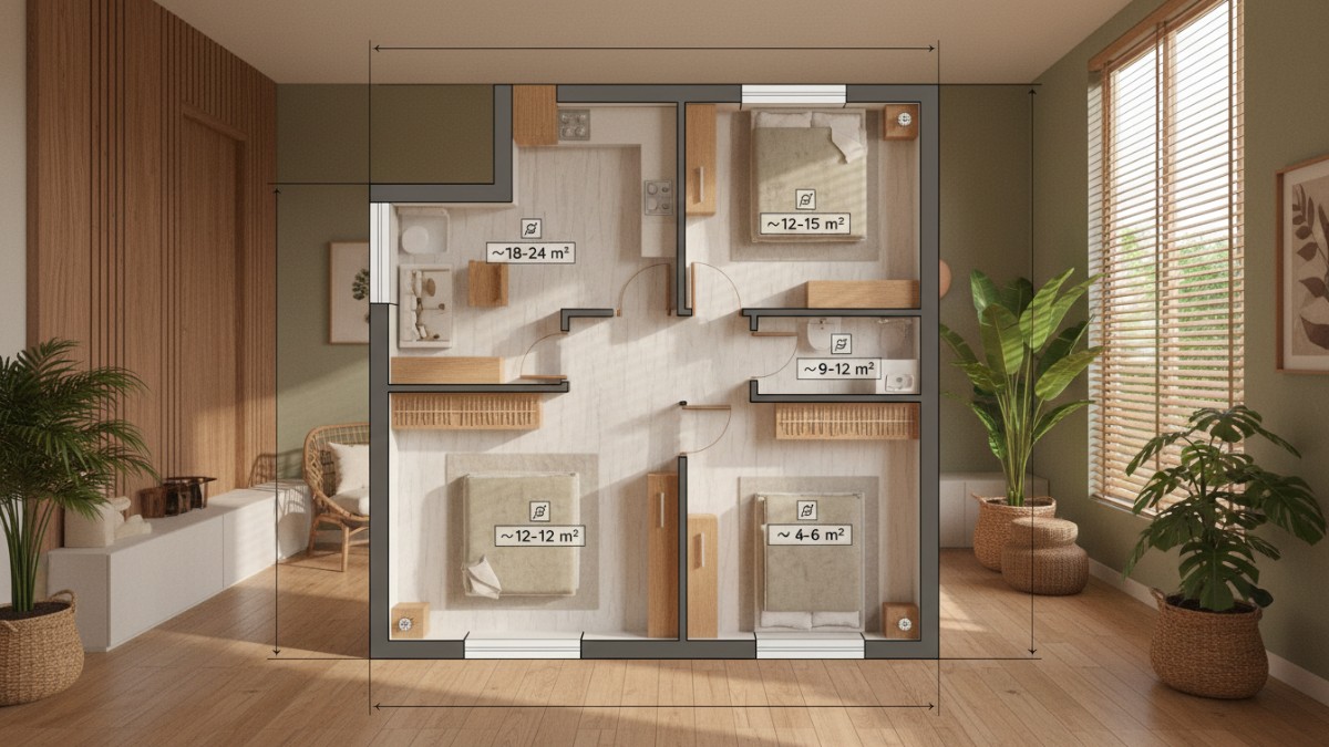 Diagram ukuran ideal 15&ndash;24 meter persegi rumah tipe 45.  