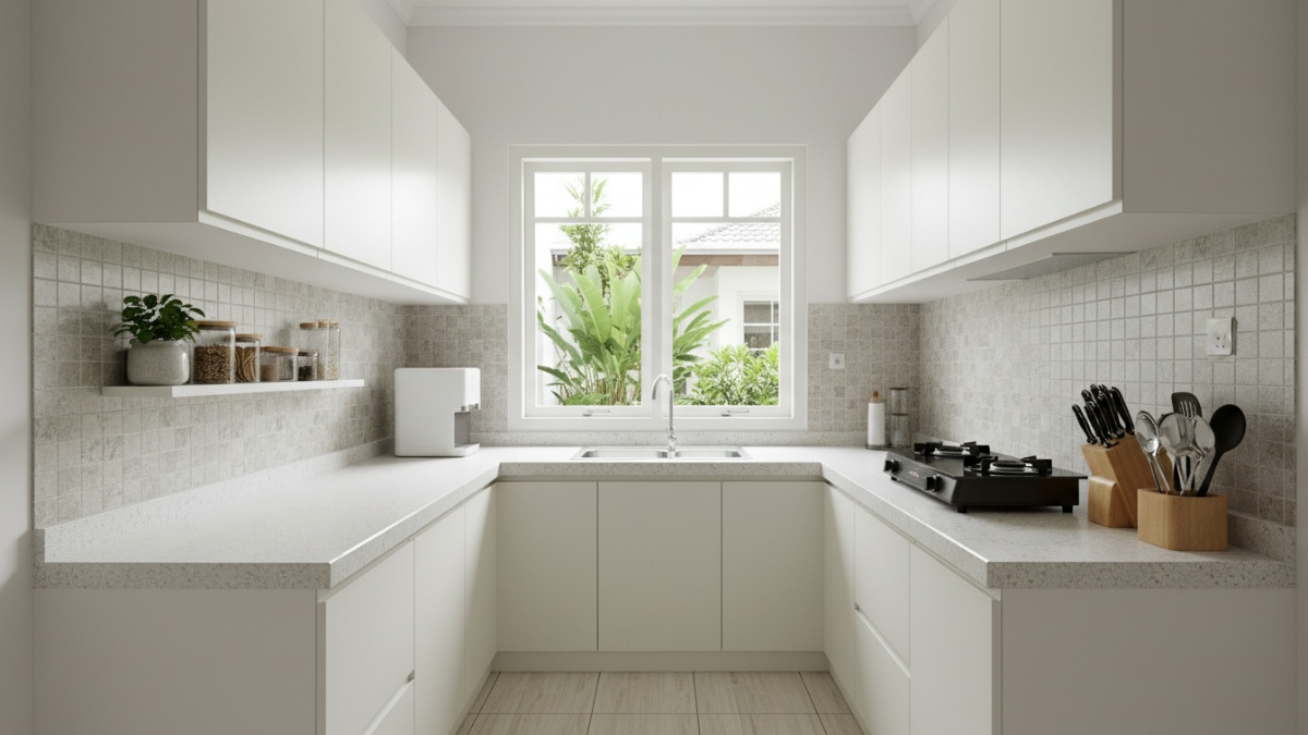kitchen set minimalis untuk dapur sempit dengan layout lurus dan warna terang.