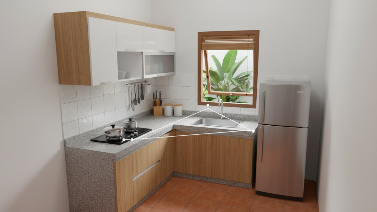 Skema work triangle pada dapur kecil rumah tipe 45.