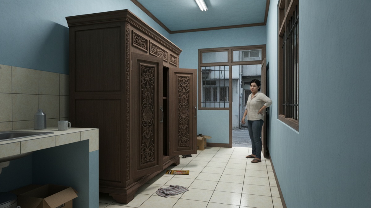 Contoh kesalahan kabinet terlalu dalam di ruang sempit.