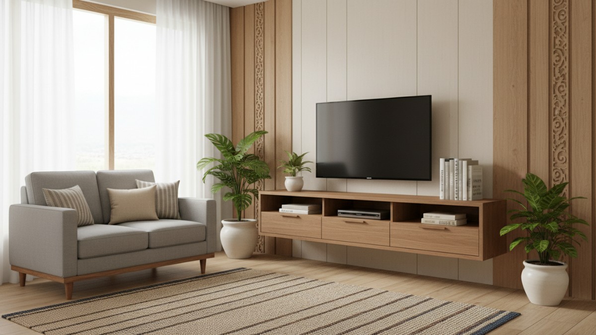 Rak TV dinding tempel minimalis dengan desain melayang di ruang keluarga kecil.