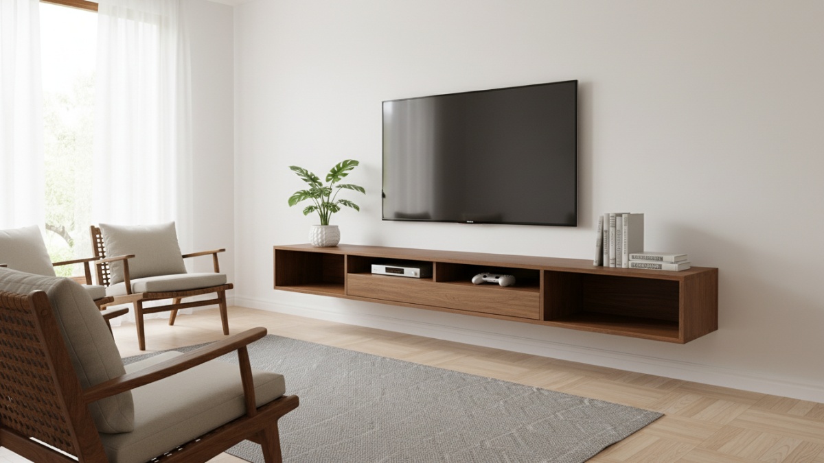 Contoh rak TV tempel model melayang hemat ruang.