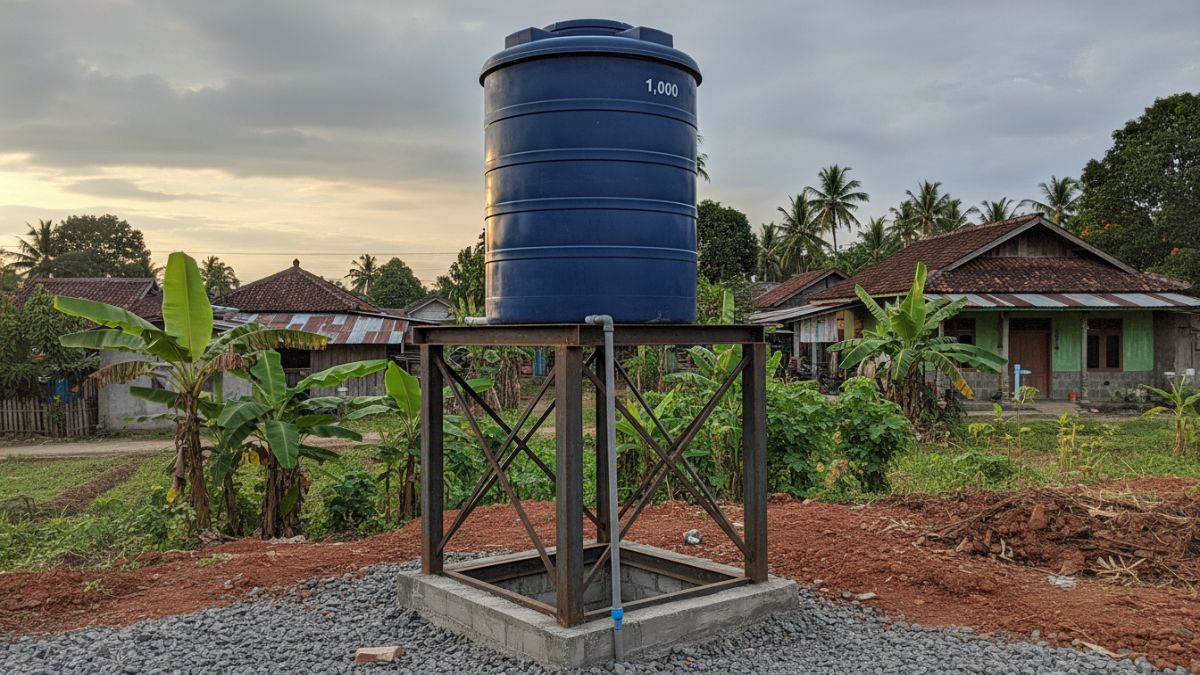 beban tandon 1.000 liter di atas rangka baja 