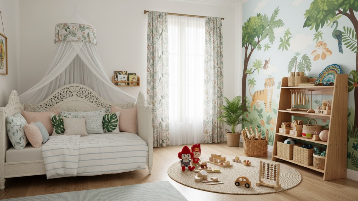 Pembagian zona tidur dan bermain di kamar anak kecil 