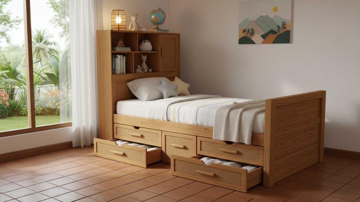 Tempat tidur dengan laci penyimpanan multifungsi 