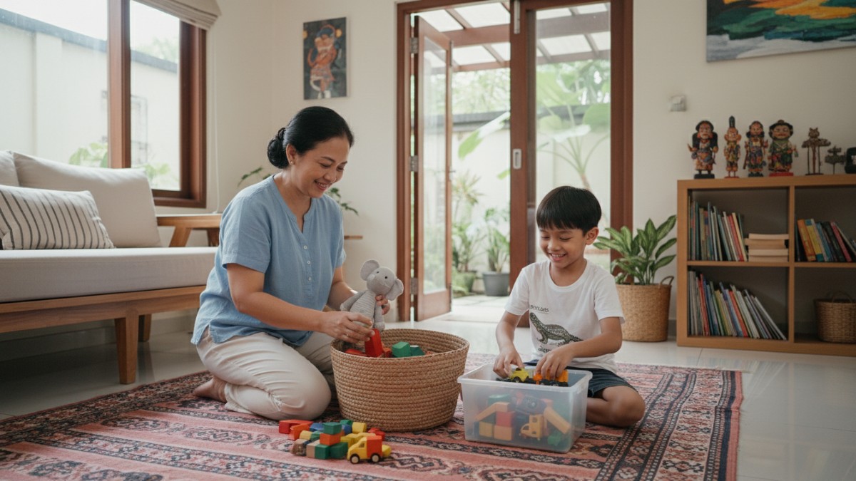 Orang tua dan anak merapikan mainan bersama