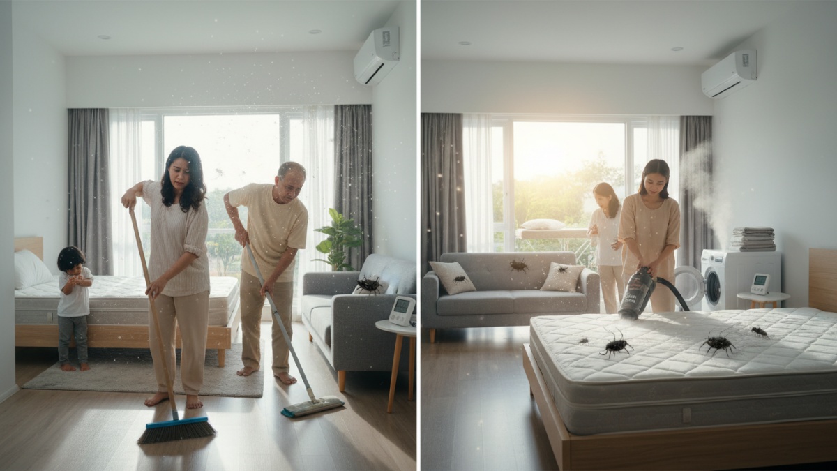Vacuum cleaner dengan filter HEPA digunakan pada kasur.