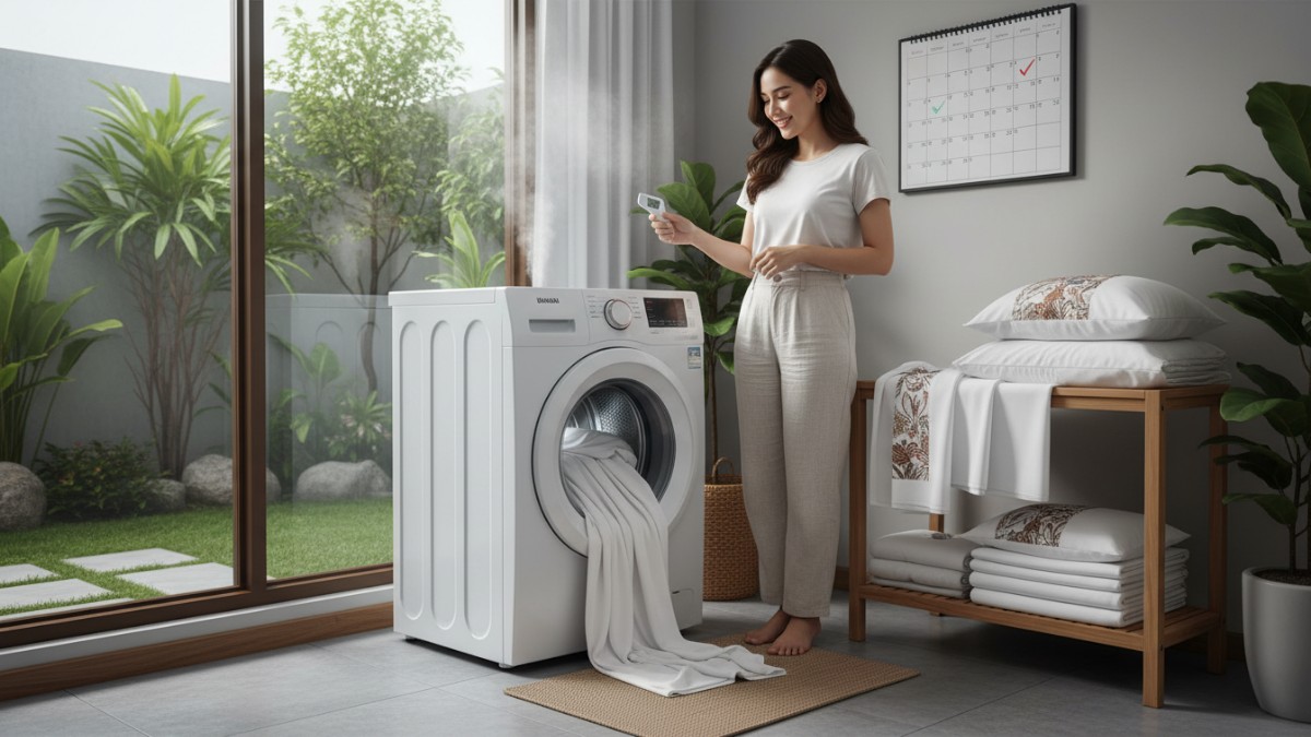 Proses mencuci sprei dengan pengaturan suhu 60&deg;C di mesin cuci.