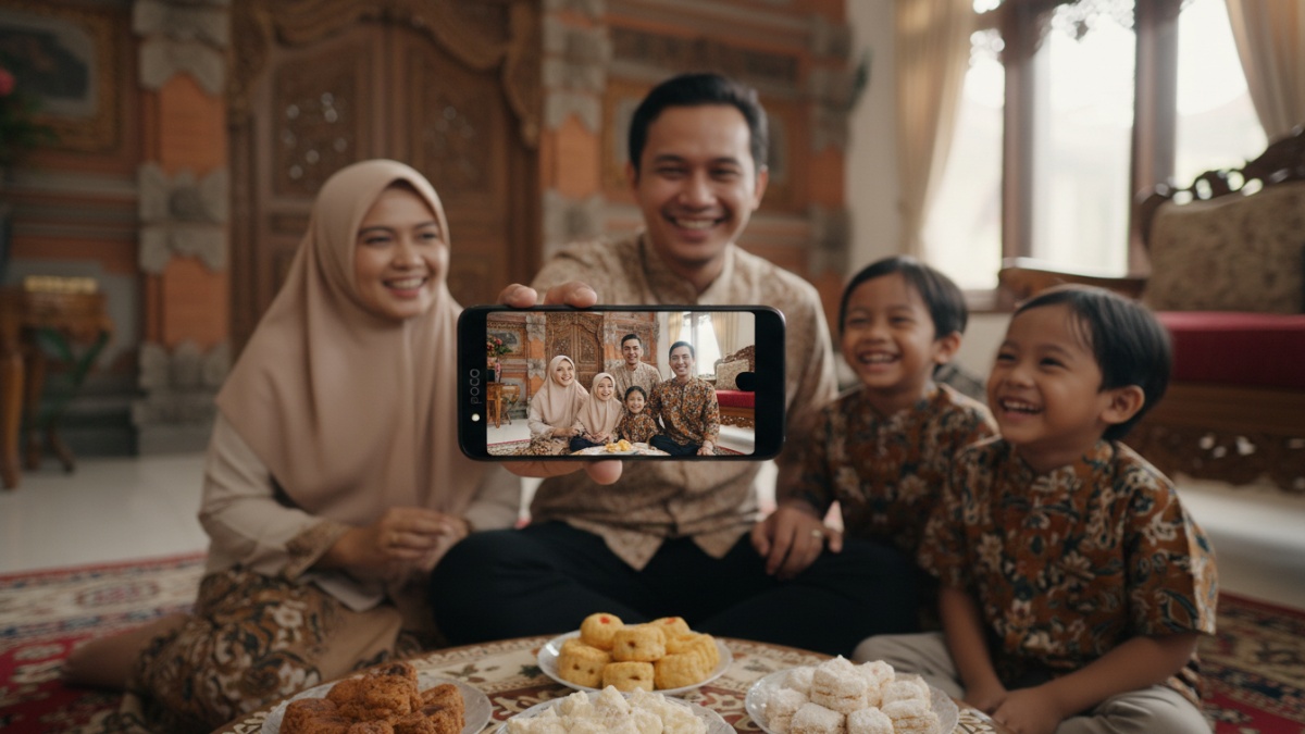 POCO F1 digunakan untuk foto keluarga saat Lebaran, menonjolkan performa dan layar luas.
