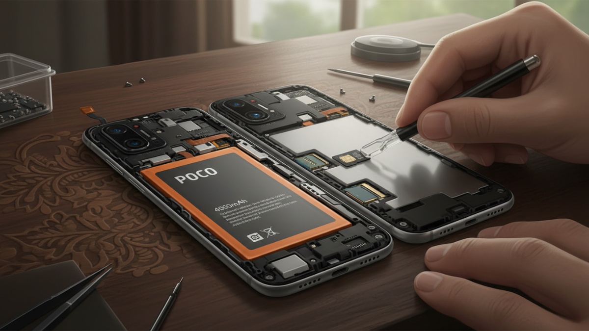 Ilustrasi penggantian baterai dan microSD pada POCO F1.