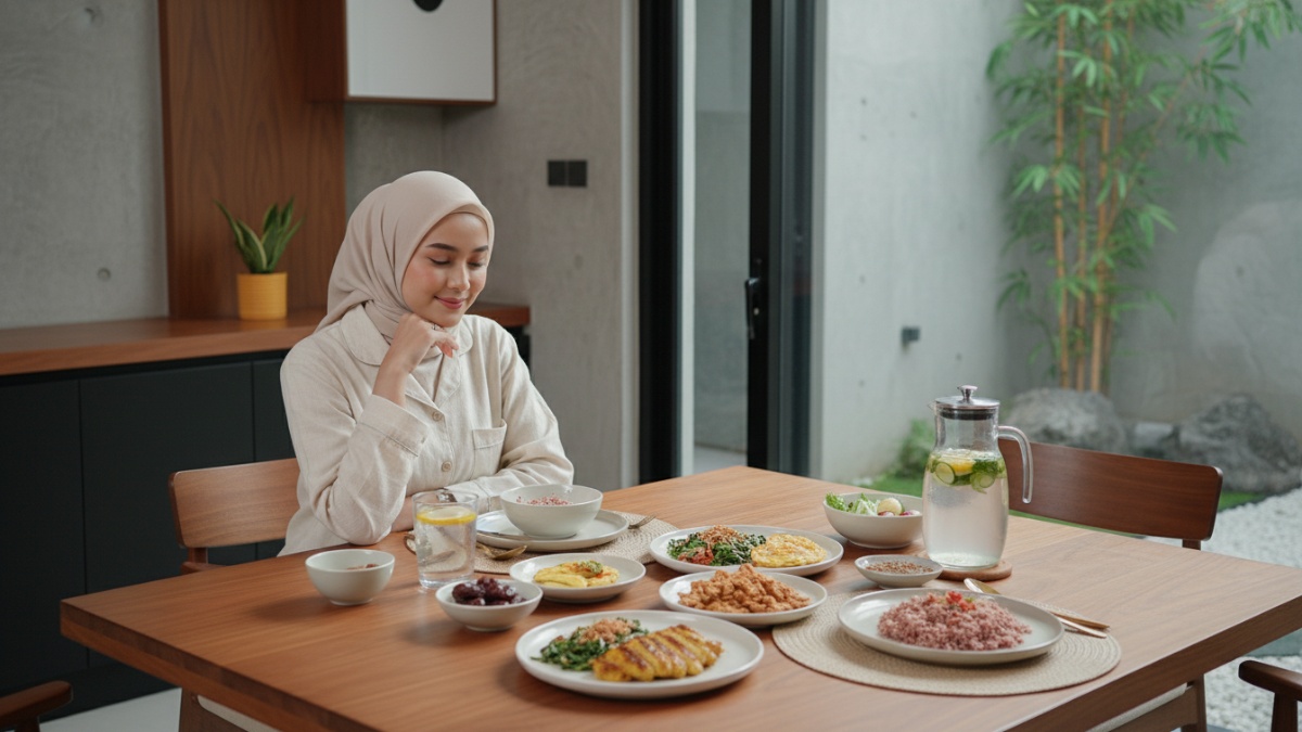 Ilustrasi menu sahur seimbang dengan protein, sayur, dan air putih. 