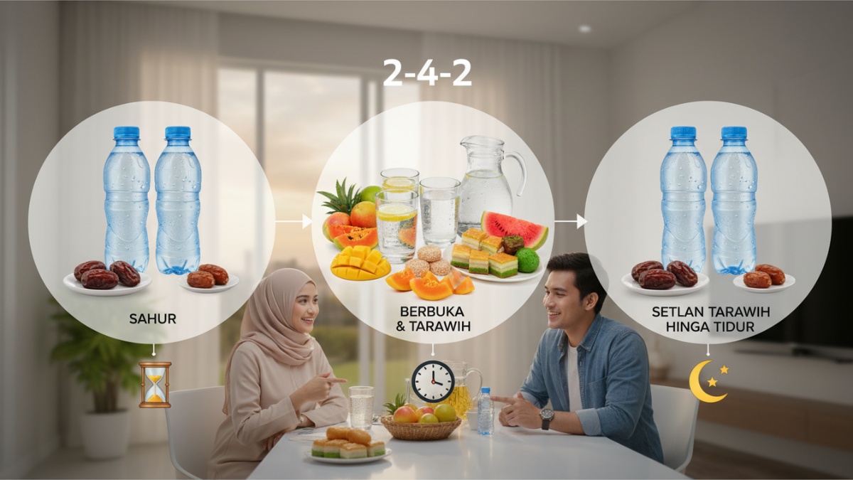 Infografik pola minum 2-4-2 selama Ramadan. 