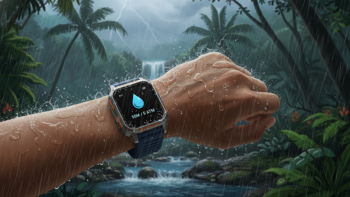Ilustrasi smartwatch anti air digunakan saat hujan tropis, menegaskan pentingnya rating ketahanan air.