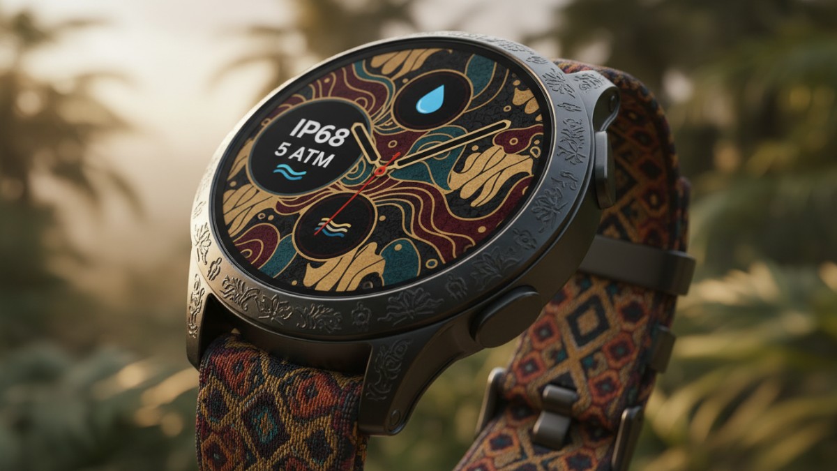 Tampilan close-up layar smartwatch dengan label IP68 dan 5 ATM.