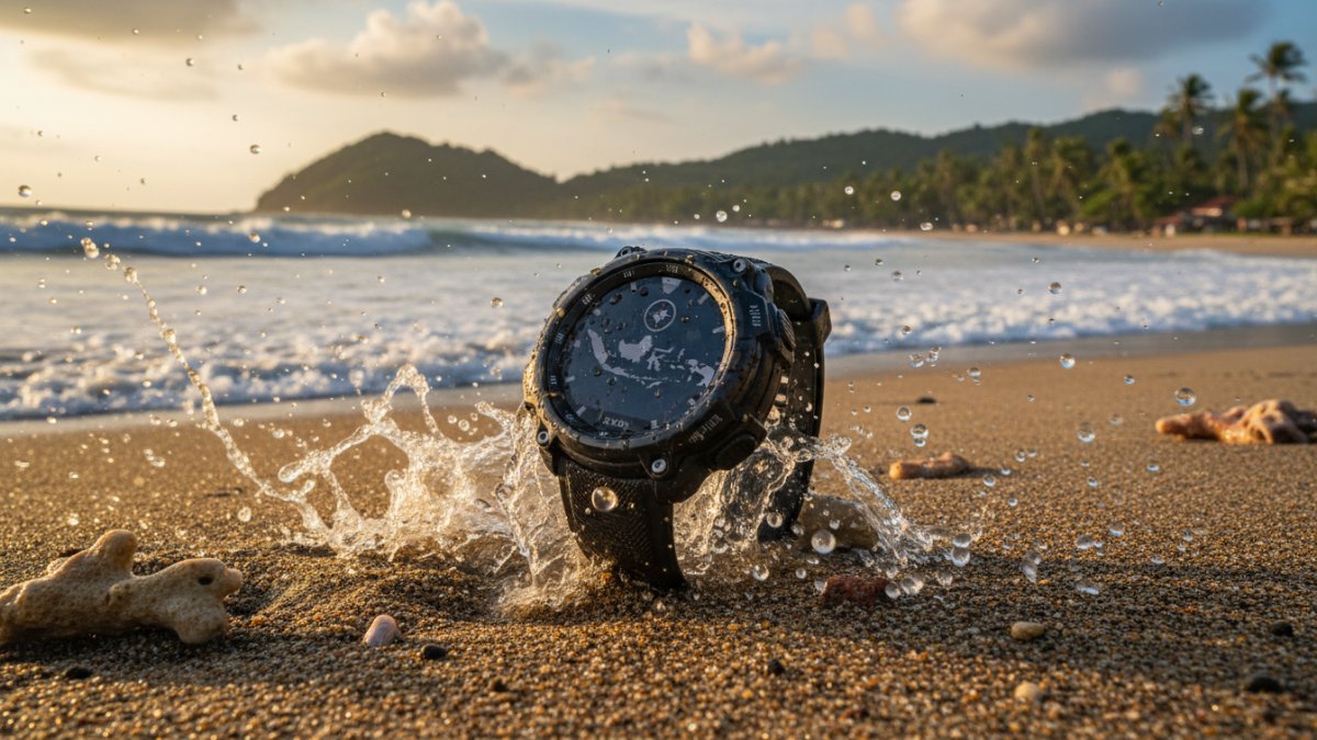 Smartwatch terkena percikan air laut di pantai.