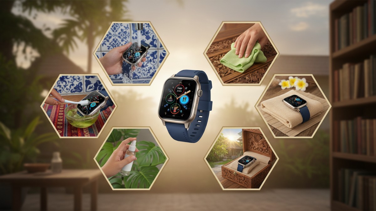 Ilustrasi enam langkah perawatan smartwatch anti air.
