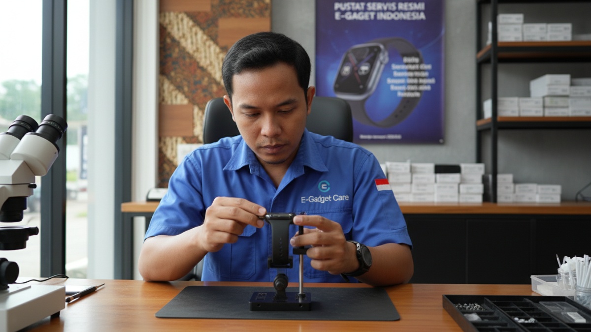 Teknisi memeriksa seal smartwatch di pusat servis resmi.