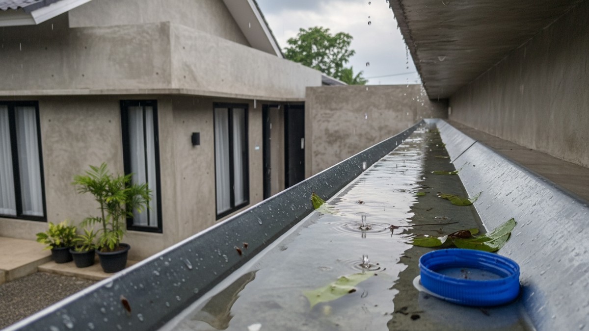 Talang air rumah yang tergenang setelah hujan.