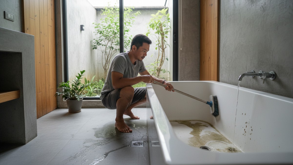 Proses menguras dan menyikat bak mandi.