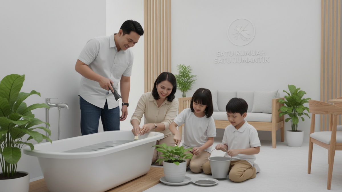 Keluarga melakukan pemeriksaan jentik bersama di halaman rumah.