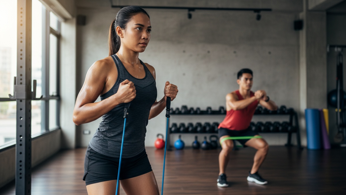 Contoh penggunaan resistance band untuk latihan fungsional. 