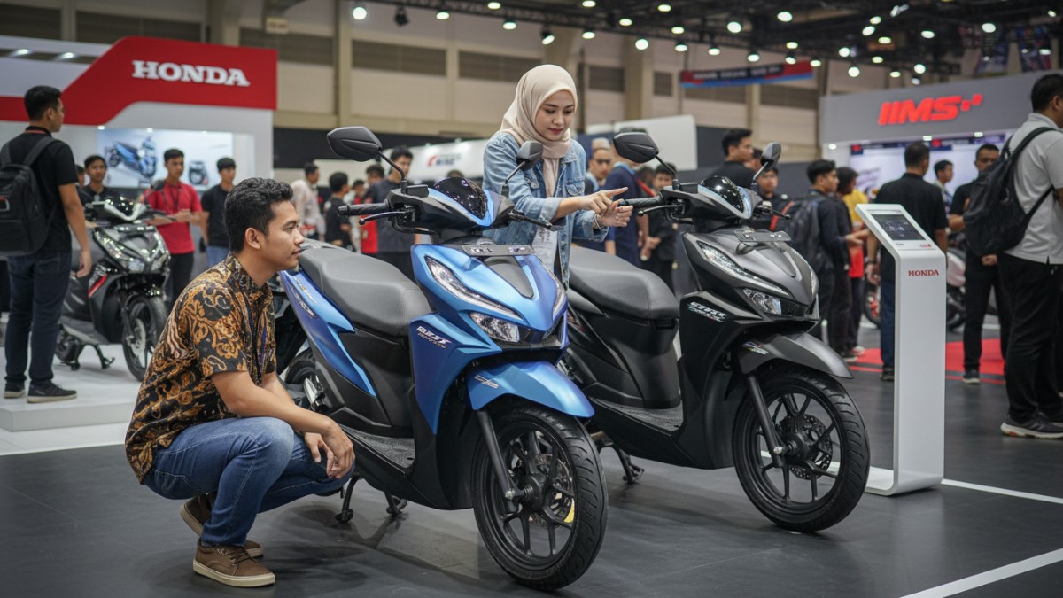 Pengunjung membandingkan dua model skutik Honda di area pameran.