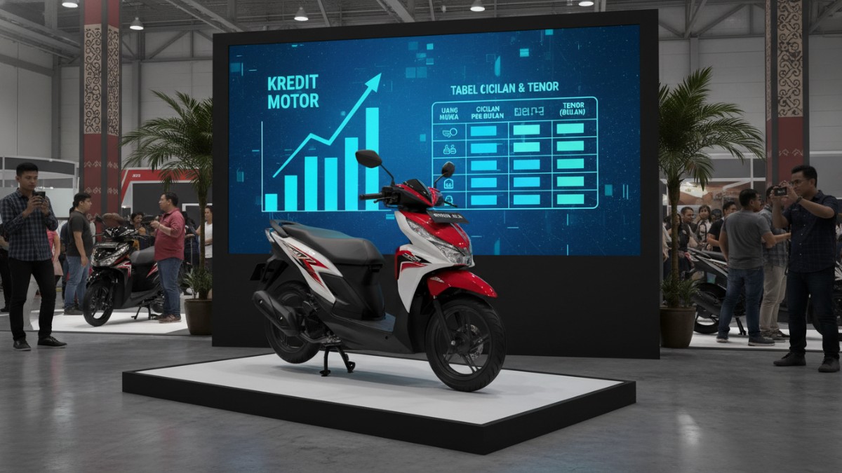 Ilustrasi simulasi kredit motor dengan tabel cicilan dan tenor.