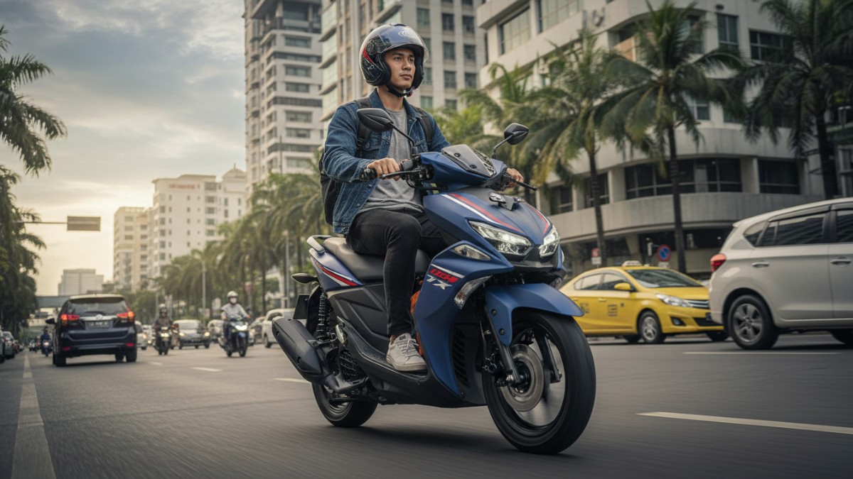 Yamaha Gear Ultima 125 Hybrid digunakan untuk aktivitas harian di jalan kota dengan dek lega dan desain sporty.