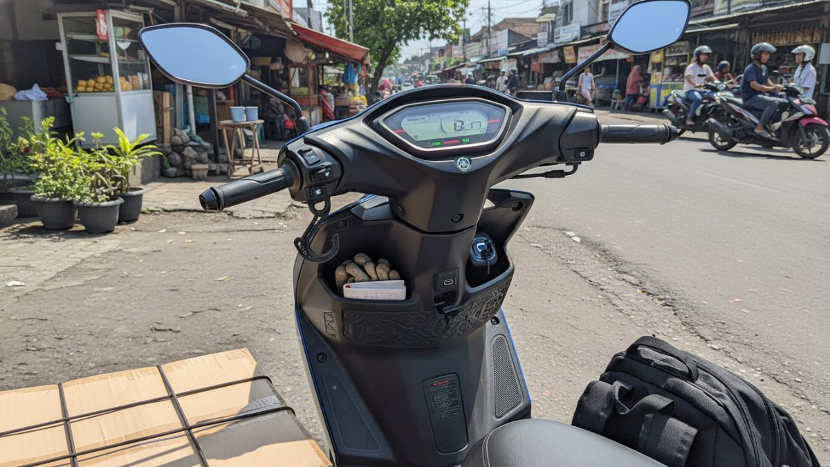 Tampilan panel dan dek kaki Yamaha Gear Ultima 125 Hybrid yang fungsional untuk kebutuhan kerja.