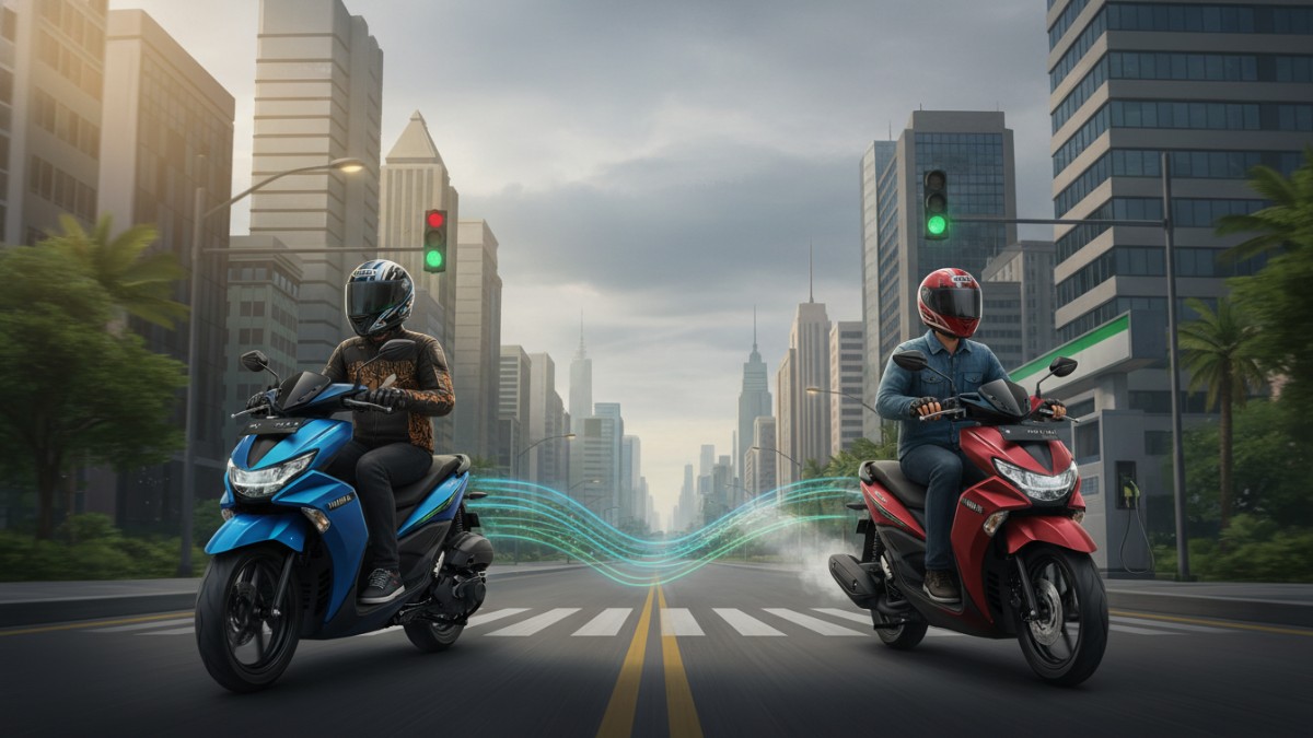 Ilustrasi perbandingan skutik hybrid dan konvensional di jalan perkotaan.