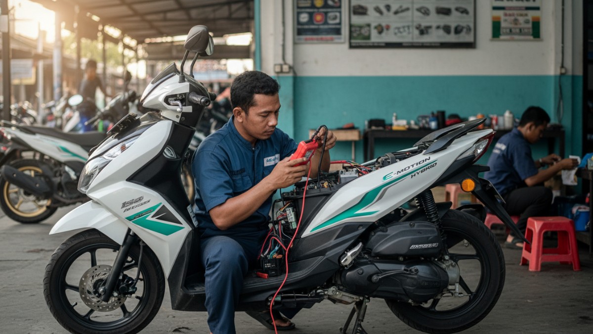Mekanik memeriksa aki dan sistem kelistrikan skutik 125 cc hybrid.