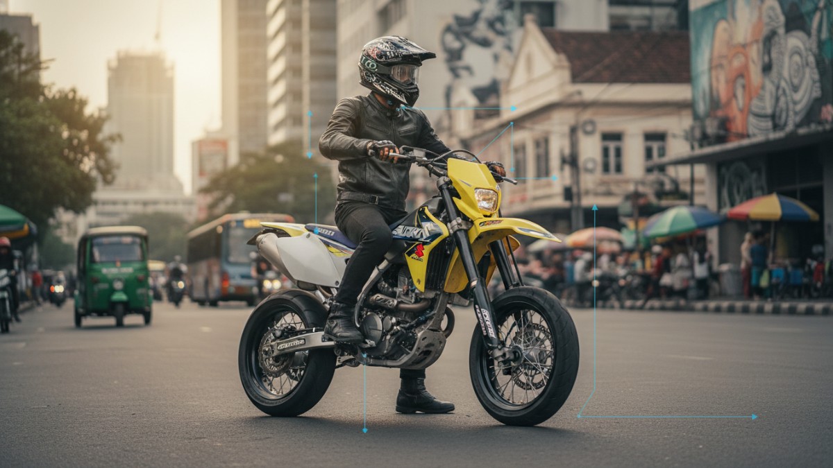 Ilustrasi posisi berkendara supermoto yang ergonomis di jalan kota.