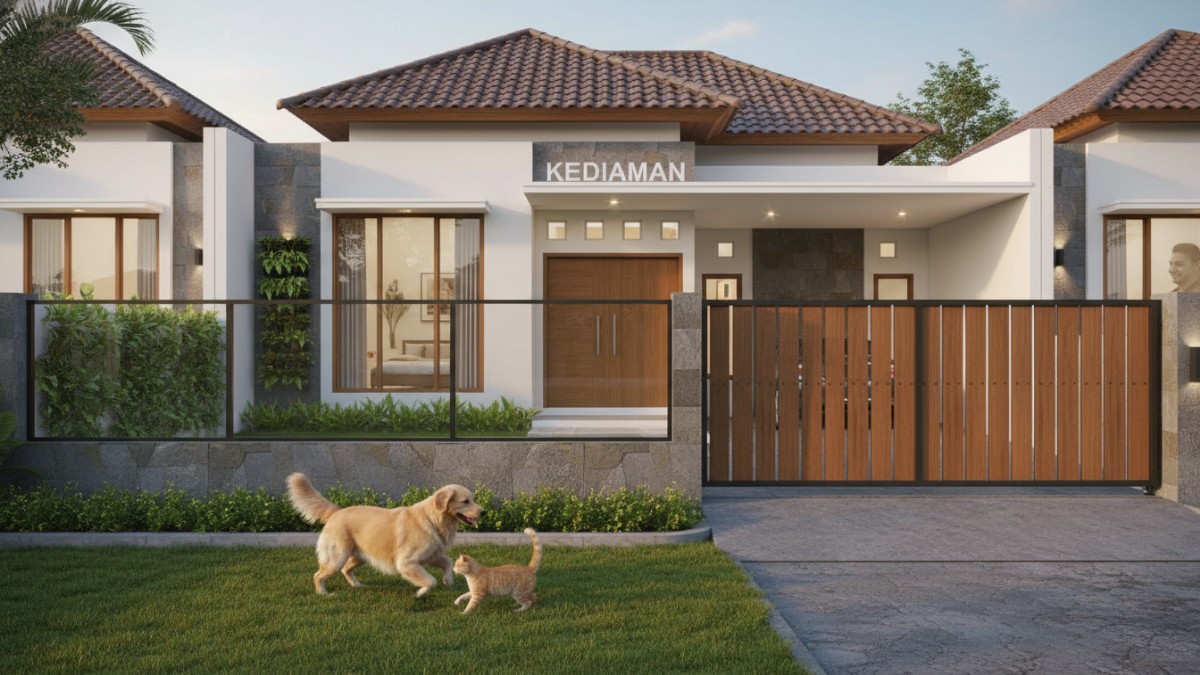 Pagar besi hollow vertikal rapat tinggi 150 cm di rumah minimalis modern.