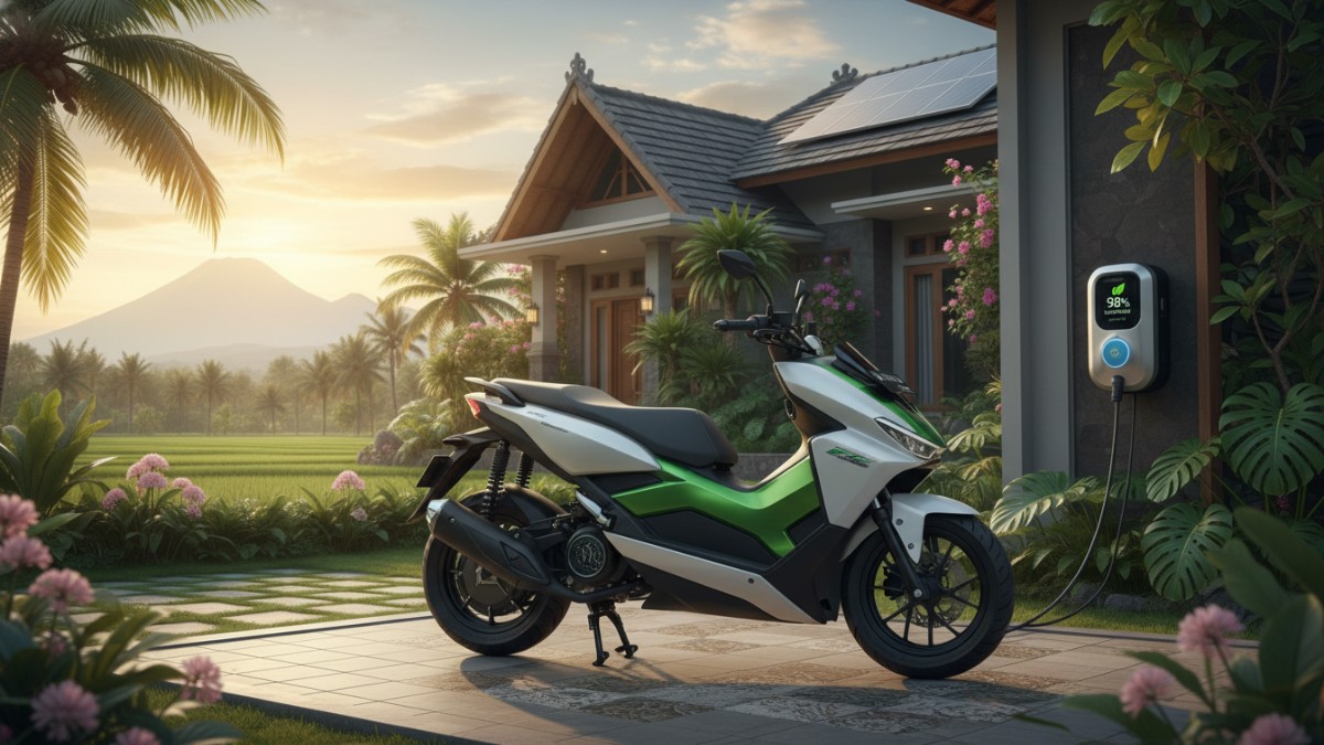 Motor listrik 2026 sedang diisi daya di rumah, ilustrasi efisiensi kendaraan ramah lingkungan.