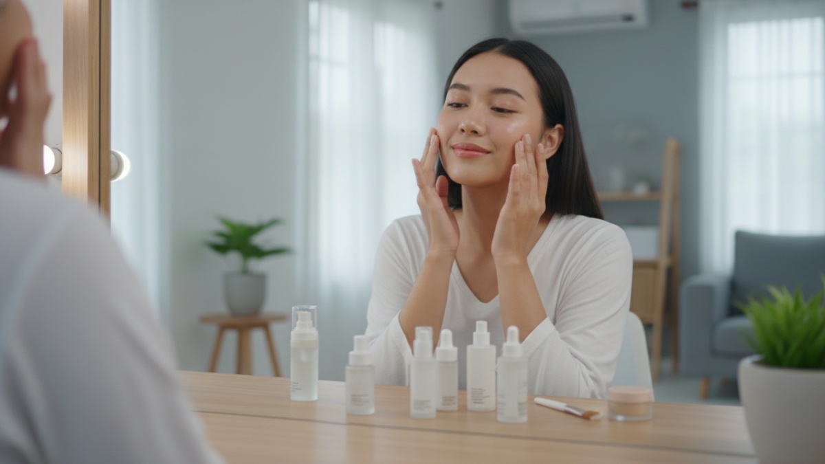 Proses skin prep sebelum aplikasi foundation tipis. 
