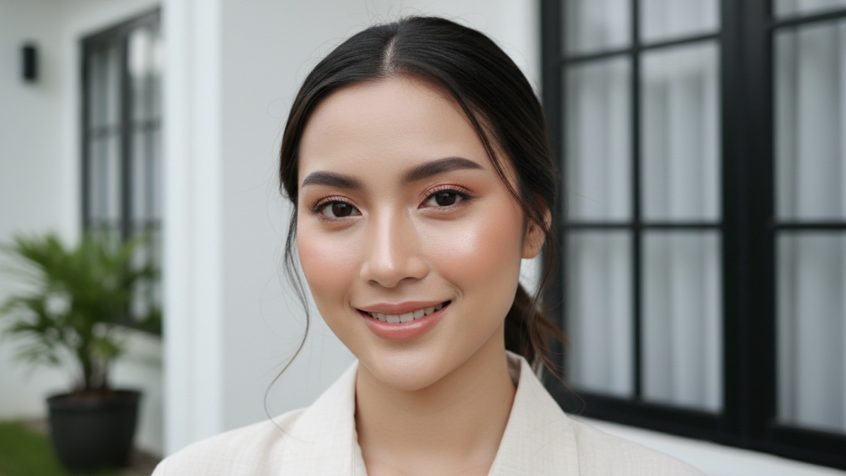 Ilustrasi makeup natural glowing untuk bukber dan Lebaran dengan complexion ringan. 