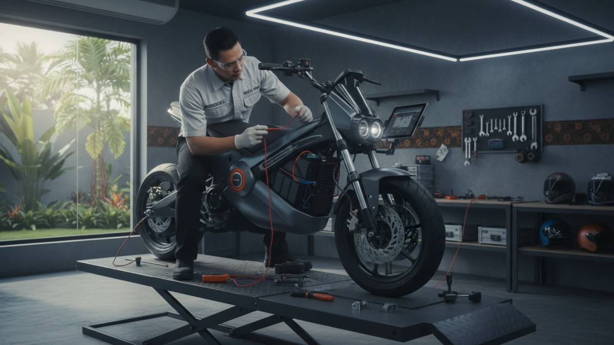 Teknisi memeriksa sistem kelistrikan motor listrik di bengkel resmi.