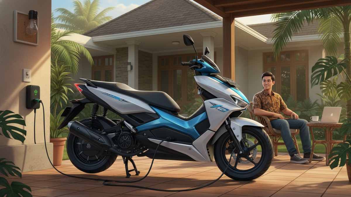 Ilustrasi pengisian daya motor listrik menggunakan charger rumahan.