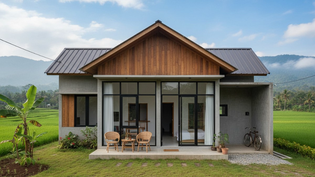 Rumah kecil desa fasad minimalis putih dengan atap pelana modern.