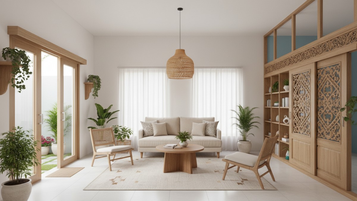 Interior open plan ruang tamu dan dapur tanpa sekat.