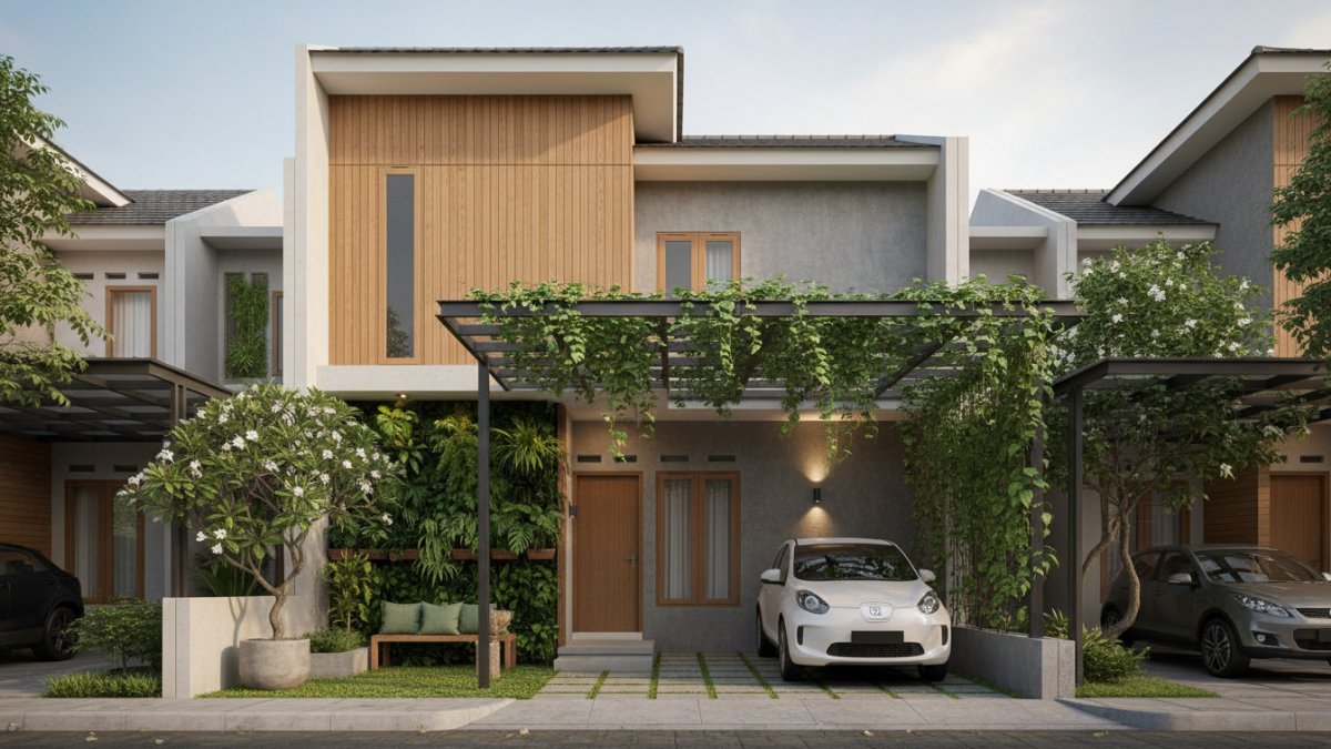 Carport minimalis dengan pagar tanaman hijau setinggi 1,5 meter.