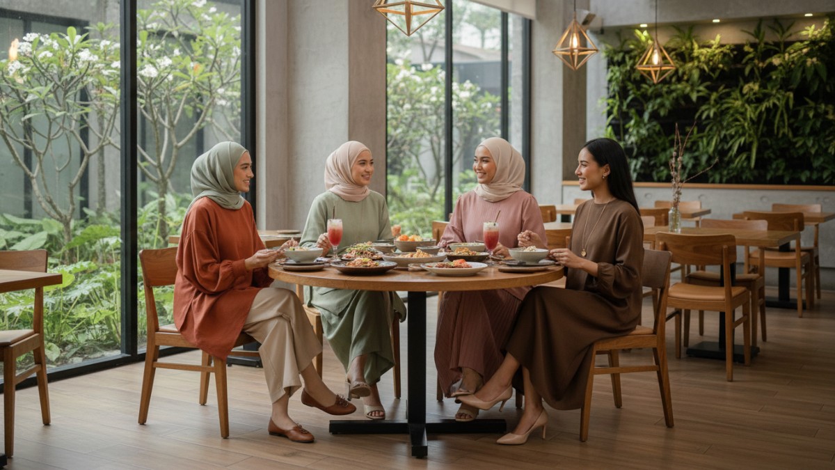 Ilustrasi outfit bukber elegan hijab dan nonhijab dengan warna earth tone di restoran modern. 