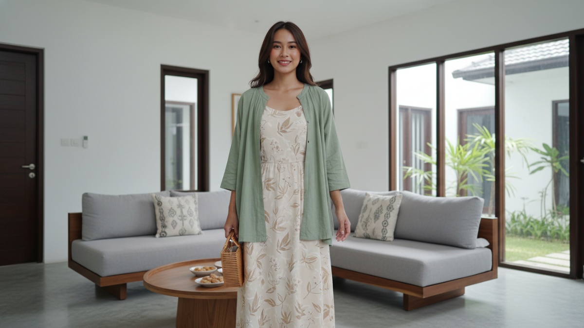 Contoh padu padan outer dan midi dress untuk bukber indoor. 