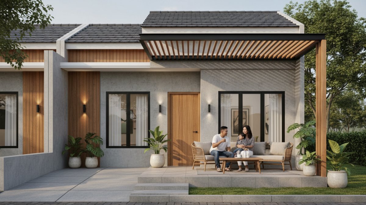 Teras rumah 6x9 dengan gazebo kayu dan tanaman tropis rindang.