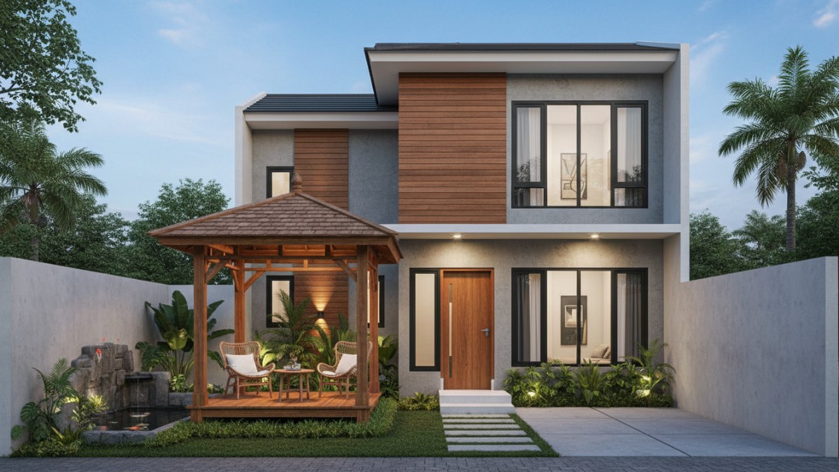 Detail gazebo kayu ukuran 2x2 meter di sudut teras.
