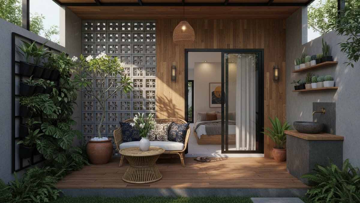 Teras rumah mungil dengan pot tanaman rambat dan trellis vertikal.