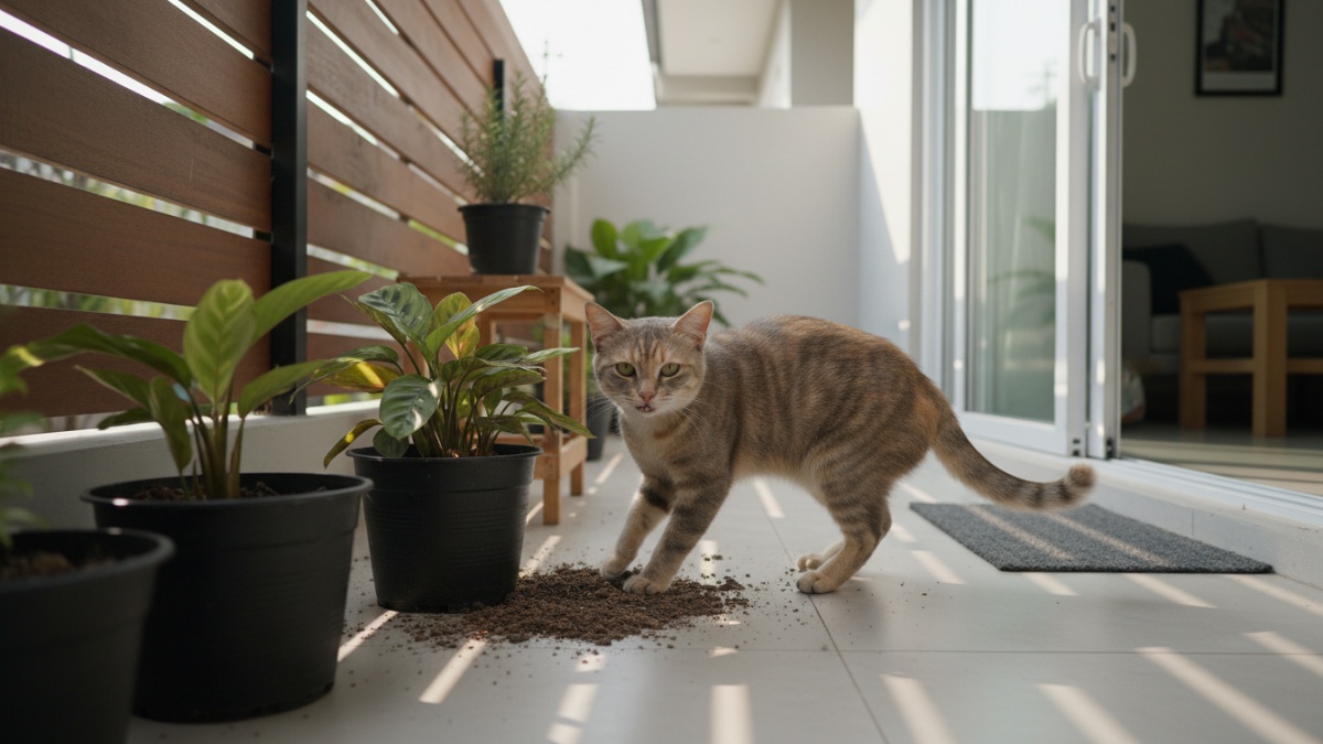 Pot tanaman dengan lapisan batu koral mencegah kucing menggali.
