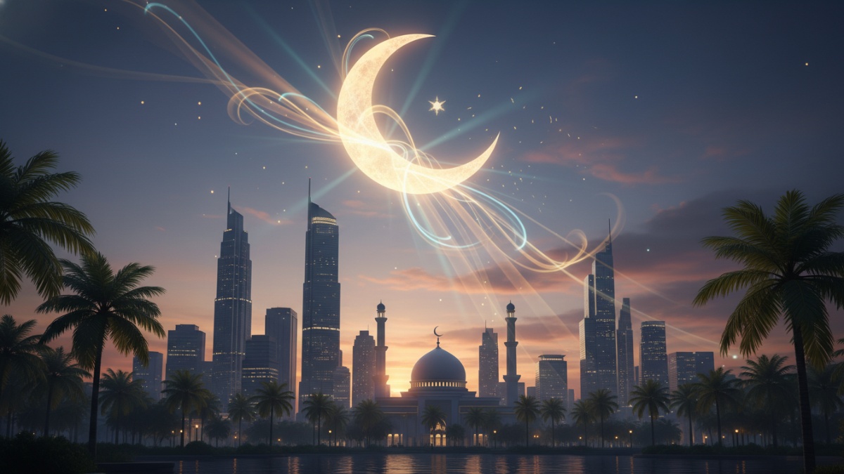 Ilustrasi bulan Ramadan dengan cahaya simbolis sebagai momentum ladang amal.