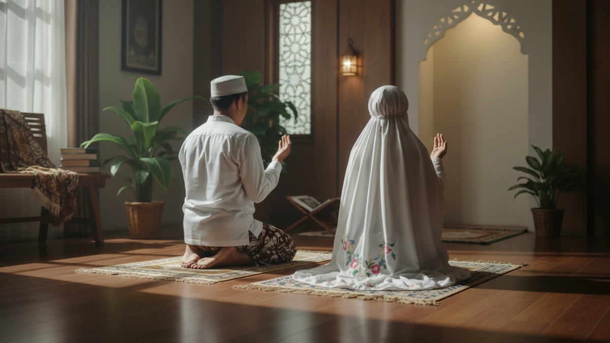 Ilustrasi pasangan suami istri dalam kisah Imran bin Hattan yang menggambarkan makna syukur dan sabar dalam kehidupan rumah tangga.