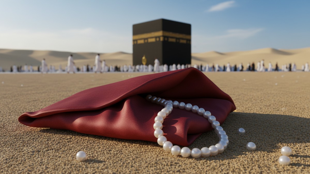 Ilustrasi bungkusan sutra merah berisi kalung mutiara di tanah Makkah.